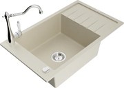 Mexen Elias granitový jednokomorový drez s odkvapkávačom a kuchynskou batériou Carla, Béžová - 6511-69-670700-00