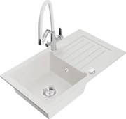 Mexen Pablo granitový jednokomorový drez s odkvapkávačom a kuchynskou batériou Duo, Biela - 6510-20-671701-02