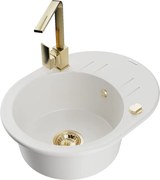 Mexen Kevin granitový jednokomorový drez s odkvapkávačom a kuchynskou batériou Rita, Biela - 6517-20-670300-50