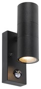 Vonkajšia nástenná lampa čierna 2-svetlá s pohybovým senzorom IP44 - Duo