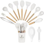 14-dielna sada kuchynského náčinia s teplovzdornou silikónovou hlavicou a držiakom, biela