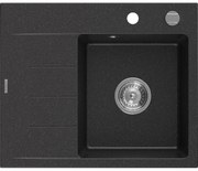 Mexen Ben, 1-komorový granitový drez 600x500x190 mm, pravý + chrómový sifón, čierna-strieborná metalíza, 6523605000-73