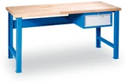 Dielenský pracovný stôl GD so závesným boxom na náradie, buková škárovka, 1 zásuvka, 1500 x 685 x 850 mm, modrá
