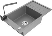 Mexen Elias granitový jednokomorový drez s odkvapkávačom a kuchynskou batériou Rita, Šedá - 6511-71-670300-70