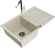 Mexen Bruno granitový jednokomorový drez s odkvapkávačom a kuchynskou batériou Flora, Béžová - 6513-69-670401-07-B