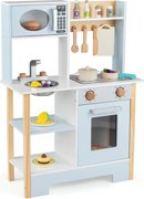 Detská kuchynka s tabuľou, mikrovlnnou rúrou, sporákom, odkvapkávacou miskou, vodovodným kohútikom a drezom Detská kuchynka Modrá