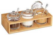 Sada 3 sklenených koreničiek Relaxdays RD2147 na bambusovom stojane – elegantné servírovanie