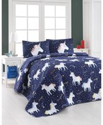 Set prešívaného prehozu a 2 obliečok na vankúše Eponj Home Magic Unicorn Dark Blue, 200 x 220 cm