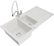Mexen Andres, granitový drez 1000x500x200 mm, 1,5-komorový a drezová batéria Duo, biela, 6515-20-671701-02