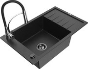 Mexen Elias granitový jednokomorový drez s odkvapkávačom a kuchynskou batériou Aster, Čierna/Strieborná metalíza - 6511-73-73450