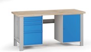 Dielenský pracovný stôl G7, buková škárovka, 1700 x 685 x 840 mm, 1x skrinka, 4 zásuvky, modrá