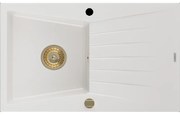 Mexen Cesar granitový jednokomorový drez s odkvapkávačom 775 x 470 mm, Biela, Sifón Zlatá - 6514771010-20-G