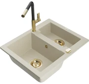 Mexen Carlos, 1,5-komorový granitový drez 582x475x177 mm a drezová batéria Flora, béžová, 6518-69-670401-57-G
