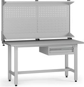 Výškovo nastaviteľný dielenský stôl G5 s nadstavbou, 1500 x 750 x 800-1000 mm, 1x kontajner, 1 zásuvka, sivá