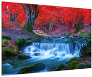 Obraz vodopádu v červenom lese (90x60 cm)