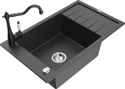 Mexen Elias granitový jednokomorový drez s odkvapkávačom a kuchynskou batériou Carla, Čierna škvrnitá - 6511-76-670700-70