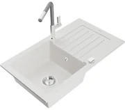 Mexen Pablo, 1-komorový granitový drez 752x436x161 mm a drezová batéria Flora, biela, 6510-20-670401-06