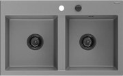 Mexen Hektor, 2-komorový granitový drez 800x480x205 mm, šedá, grafitový sifón, 6521802000-71-B