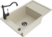 Mexen Elias granitový jednokomorový drez s odkvapkávačom a kuchynskou batériou Carla, Béžová - 6511-69-670700-70