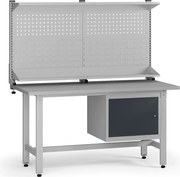 Výškovo nastaviteľný dielenský stôl G5 s nadstavbou, 1500 x 750 x 800-1000 mm, 1x skrinka, grafit