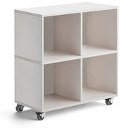 Drevená úložná skriňa RICO, s kolieskami, 4 priehradky, Š 800 mm, biela