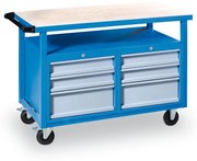 Pojazdný pracovný stôl do dielne GD, smrek + buková preglejka, 6 zásuviek, 1190 x 600 x 850 mm, modrá