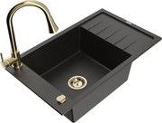 Mexen Elias granitový jednokomorový drez s odkvapkávačom a kuchynskou batériou Elia, Čierna/Zlatá metalíza - 6511-75-670101-50