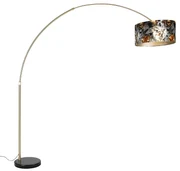 Oblúková lampa mosadz s čiernym tienidlom s kvetinovým vzorom 50 cm - XXL