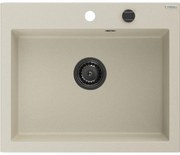 Mexen Elix, 1-korový granitový drez 600 x 500 mm, béžová, čierny sifón, 6525601005-69-B