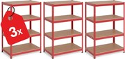 Akcia 3x Regál 150x70x30 cm lakovaný 4-policový, nosnosť 700 kg - červený