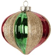 Červenozelená zlatá sklenená ozdoba banka - Ø 10*10 cm