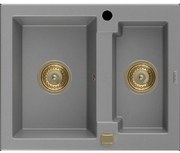 Mexen Carlos granitový 1,5-komorový drez 582 x 475 mm, Šedá, Sifón Zlatá - 6518581500-71-G