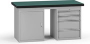 Pracovný stôl do dielne G8, 1500 x 750 x 800 mm, 1x skrinka, 1x kontejner, 4 zásuvky, sivá