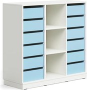 Úložná skrinka CASPER, 12 zásuviek, 3 priehradky, so soklom, biela/sky blue