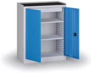 Policová dielenská skriňa 2-dverová, 2 police + 1 zásuvka, 1180 × 950 × 500 mm, modré dvere