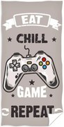 Veľká plážová osuška Eat, Chill, Game & Repeat - 100 % bavlna s vysokou gramážou 400 g/m² - extra veľký rozmer 90 × 180 cm