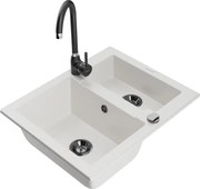 Mexen Carlos granitový 1,5-komorový drez s kuchynskou batériou Telma, Biela - 6518-20-670200-70