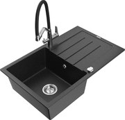 Mexen Bruno granitový jednokomorový drez s odkvapkávačom a kuchynskou batériou Duo, Čierna/Strieborná metalíza - 6513-73-671701-