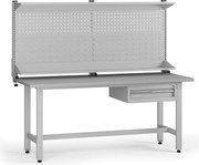 Výškovo nastaviteľný dielenský stôl G5 s nadstavbou, 1800 x 750 x 800-1000 mm, 1x kontajner, 1 zásuvka, sivá