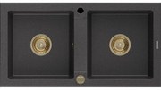 Mexen Mario granitový dvojkomorový drez 820 x 436 mm, Čierna škvrnitá, Sifón Zlatá - 6504822000-76-G