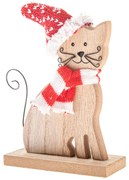Drevená mačka s pleteným šálom a čiapkou, 14 cm