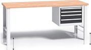 Výškovo nastaviteľný pracovný stôl do dielne G3 so závesným boxom na náradie, buková škárovka, 4 zásuvky, 1700 x 685 x 840 - 1050 mm, grafit