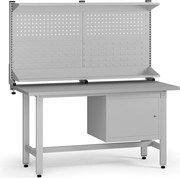 Výškovo nastaviteľný dielenský stôl G5 s nadstavbou, 1500 x 750 x 800-1000 mm, 1x skrinka, sivá