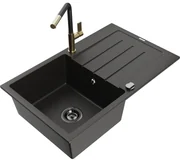 Mexen Bruno, 1-komorový granitový drez 795x495x200 mm a drezová batéria Flora, čierna-zlatá metalíza, 6513-75-670401-57-B