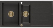 Mexen Andres, granitový drez 1000x500x200 mm, 1,5-komorový, čierna so zlatou metalízou a zlatým sifónom, 6515101510-75-G