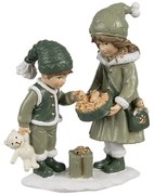 Zelená vianočná dekorácia deti s darčekom a medvedíkom - 10*5*13 cm