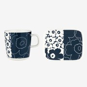 Marimekko Set Oiva Kollaasi Unikko veľký hrnček a tanierik Unikko 60th Anniversary tmavo modrý