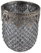 Šedý sklenený svietnik na čajovú sviečku so ozdobným okrajom - Ø 8*9 cm