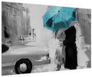 Obraz - Zamilovaný pár s dáždnikom, modrý (90x60 cm)