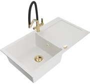 Mexen Leo, 1-komorový granitový drez 900x500x190 mm a drezová batéria Duo, biela, 6501-20-671701-57-G